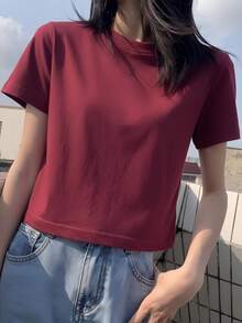 Áo thun ngắn tay, màu trơn, kiểu dáng mùa hè mới, dáng ôm, đa năng, cổ tròn, kiểu áo thường ngày. - Màu Đỏ Sâu - Xem 3