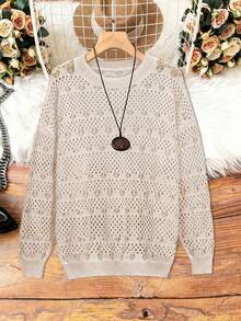 Suéter de malha transparente, modelo 2026, moderno para primavera/verão, blusa de malha feminina de manga comprida, suéter feminino, cor damasco, macio, estético, versátil, com detalhes vazados e inspiração literária, gola redonda e estampa artística retrô. - Damasco - Ver 1