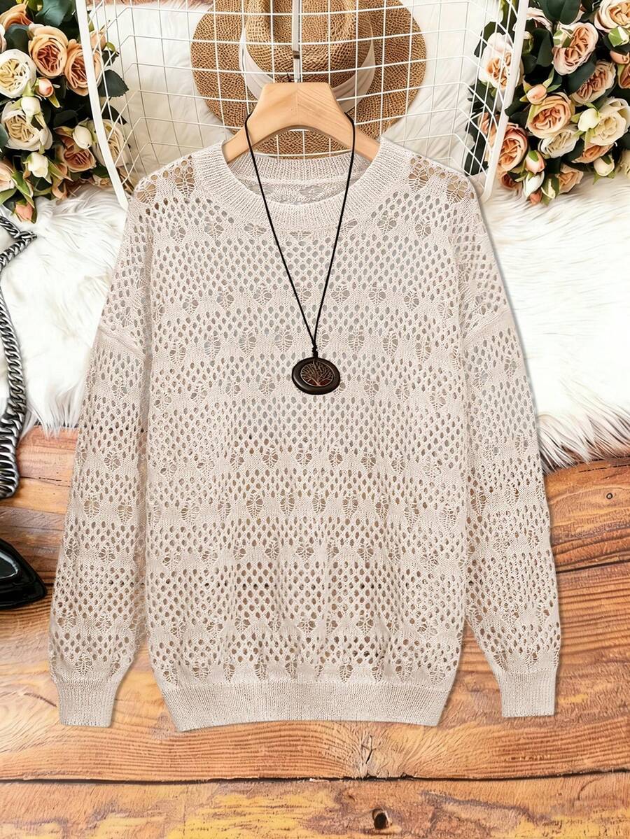 Suéter de malha transparente, modelo 2026, moderno para primavera/verão, blusa de malha feminina de manga comprida, suéter feminino, cor damasco, macio, estético, versátil, com detalhes vazados e inspiração literária, gola redonda e estampa artística retrô. - Damasco - Ver 1