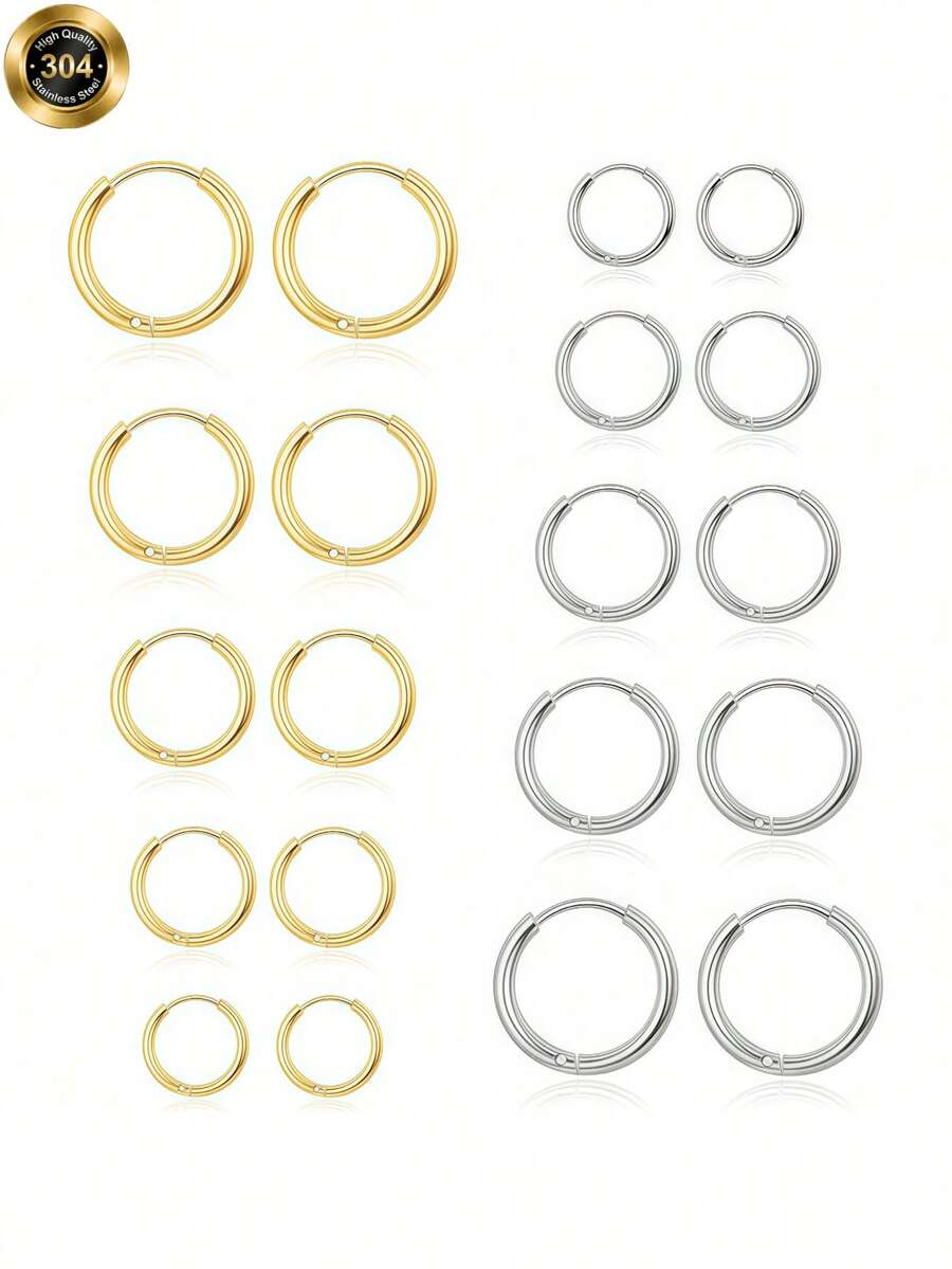 10pcs Silver Hoop Earrings Set, Hypoallergenic Stainless Steel, Lightweight & Delicate, Suitable For Men & Women (8mm, 10mm, 12mm, 14mm, 16mm). Embrace-Style Earrings. Embrace A Wonderful Day. Embrace Life, And Be Embraced By Life. - Multicolor - View 1
