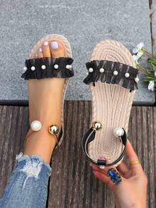 Comfortable Low Heel Bohemian Bowknot Flower Sandals, Soft Sole Suitable With Dresses, Beautiful Beach Shoes - Black - View 6