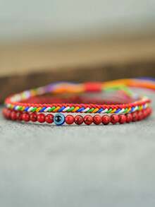 2件套编织绳手链 邪眼吊坠手链 波西米亚风石珠手链配饰首饰 - 彩色 - 查看 7