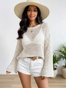 镂空落肩开衫针织毛衣，长袖套头针织衫，适合秋冬季度假海滩穿着，白色 - 白色 - 查看 4