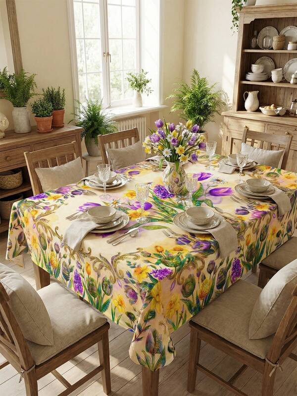1pc Spring Floral Tablecloth With Pink Peony & Tulip Pattern - Rustic Farmhouse Dining Room Decor For Country Chic, Soft Light Breakfasts & Joyful Family Gatherings