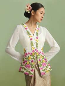 Nyonya Kebaya，女士 Kebaya，传统土生华人服装，优雅土生华人连衣裙，时尚刺绣长袖衬衫夹克，白色衬衫，开斋节衣服，开斋节 - 白色 - 查看 5