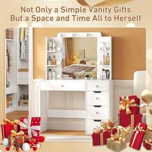 35.5 Modern Vanity Desk With Lighted Mirror, Makeup Vanity Table With Glass Top, 10 USB Power Bulbs Mirror 3 Color & Brightness Adjustable,Bedroom Vanity Set Girls Women,New Year - 白色 - 查看 9