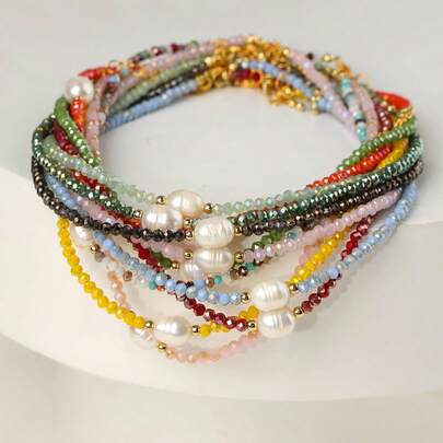 1 pieza Collar de perlas cultivadas y cuentas de cristal de longitud ajustable y multicolor, versátil para mujer para uso diario, fiesta, vacaciones en la playa, regalo