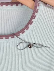 Spring/Summer New Contrast Color Round Neck Ribbed Knit Sweater Women, Long Sleeve Asymmetrical Hem Fitted Commuter Top - Baby Blue - View 6