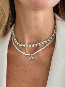 2件套海洋度假风仿珍珠串珠鱼尾吊坠项链，优雅奢华，适合婚礼、派对、海滩、休闲、街头风格，女士及情侣适用，节日、生日皆宜，百搭礼物 - 混色 - 查看 3