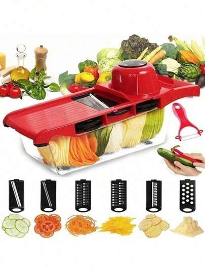 六合一蔬菜切片器和切丁器，带钢刀片，可切片、削皮、削胡萝卜、刨丝、切丁，厨房配件