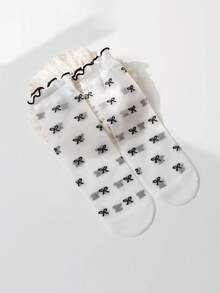 4 Pairs Girls' Mid-Calf Socks With Heart, Bow, Polka Dot, Flower Patterns, Straight Tube Design With Black & White Ruffle Trim, Spring/Summer - Multicolor - View 7