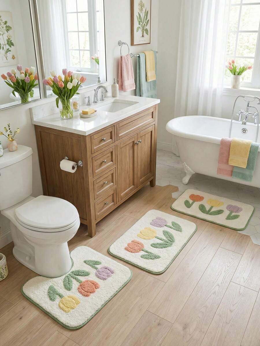 1/3 Set Floral Pattern Bathroom Rug Set, Includes U-Shaped Toilet Mat And Super Absorbent Microfiber Faux Cashmere Material Printed Bathroom Mat, With Non-Slip Bottom, Machine Washable, Soft And Warm Bathroom Carpet, Home Bathroom Decor, Outdoor Carpet Door Mat, Autumn Decor, Holiday Decor, Bathroom Accessories Back To School Entrance Decor - Small White Flowers - View 1
