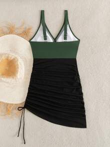 1 pieza Traje de baño de mujer con falda de cordón, escote en V, patchwork verde y negro, para usar en la playa y vacaciones de verano - Verde - Ver 5