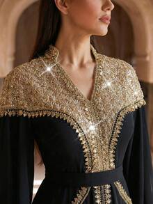 Elegant Lime Green Embroidered Formal Long Robe, Decorated With Beaded Corset And Bell Sleeves, Arabic Long Robe, Suitable For Women, Party Robe, Muslim Evening Robe, Formal Robe, Modest And Decent Style - Black - View 10