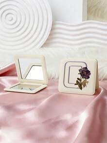 1个Y2K风格英文字母系列便携式化妆镜，可折叠轻巧便携，全皮材质，适合各种场合，可折叠方形口袋镜，复古花卉3D英文字母印花设计，180°翻盖，多功能 - 彩色 - 查看 14