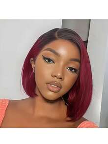 【短发假发】13x4蕾丝前假发，真人发波波头假发，女士款 - 200%密度，打造逼真前额效果，直发，发际线和分缝无需胶水固定，直发波波头真人假发，短款波波头假发，#1/99J色，200%蕾丝前假发，直发真人发假发，13x4透明蕾丝前假发，女士款，预先拔毛，自然发际线，渐变纹理，适合爱美人士 - S1/99J - 查看 4