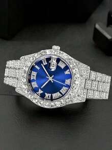 3pcs Luxury Crystal Inlaid Men's Silver Watch Set, Including 1 Crystal Blue Roman Numeral Quartz Watch, 1 Silver Chain Bracelet, 1 Black Rhombus Textured PU Wallet, With Silver Metal Strap And Sparkling Crystal Bezel. - Silver - View 3