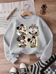1pc Disney Minnie Mouse Playful Leopard-Print Collage Sweatshirt, Cozy & Easy-Care Cute Top For Tween Girls, Perfect For Hangouts & Casual Days - 灰色 - 查看 1