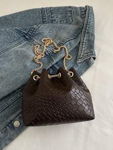 Mini Woven Drawstring Bucket Bag, Versatile Shoulder/Crossbody Bag For Party & Casual, Minimalist Design - Coffee - View 8