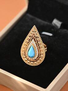 1枚复古奢华红蓝梨形切割立方氧化锆宽戒圈女士戒指，镀金镂空戒圈，完美适用于派对、宴会、婚礼、节日装饰，精致优雅的设计，是理想的珍贵珠宝礼品。 - 紅寶石-金色 - 查看 17