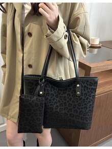 Bolso de mano grande con estampado de letras, bolso de hombro a cuadros para mujer, estilo para ir al trabajo - Negro - Ver 6