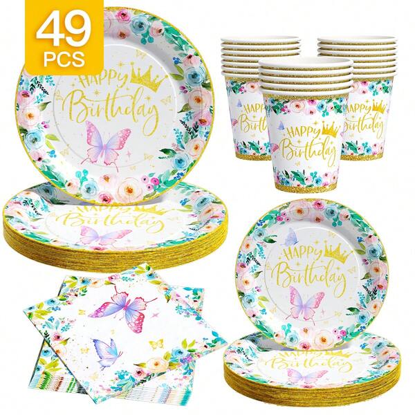 Watercolor Floral Butterfly Crown Happy Birthday Disposable Plate, Napkin, Cup Set, Plates, Napkins And Cups Party Supplies, Serves 8 Guests, Disposable Paper Plates Party Tableware Suitable For Birthday, Wedding, Theme Party, Family Picnic