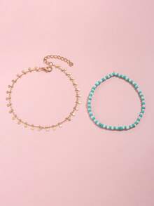 2pcs/Set Beach Vacation Style Blue & White Beaded Copper Disc Chain Anklet (Avoid Contact With Water) - Blue and White - View 4