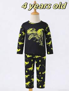 Young BoyComfortable Cartoon Dinosaur Pattern Luminous Long Sleeve + Long Pants Home Outfit Set (Glowing Only Under UV Light) - Yellow - View 11