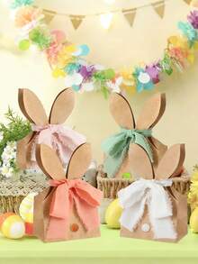 12个/28个/79个（24套）复活节兔子礼品袋，包含兔耳朵牛皮纸袋、4卷丝带、50个彩色绒球棕色兔子图案礼品包装袋，适用于春季生日、复活节礼物、复活节派对装饰。 - 彩色 - 查看 5