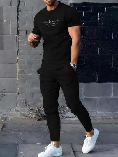 Hombre002y006 Conjunto Casual de Camiseta y Pantalón para Hombre: Estilo Urbano Versátil, Cómodo Diario Tela suave y transpirable, sin calor excesivo. Ideal para salidas, reuniones y actividades al aire libre. Diseño minimalista, corte ajustado para todo tipo de cuerpo.