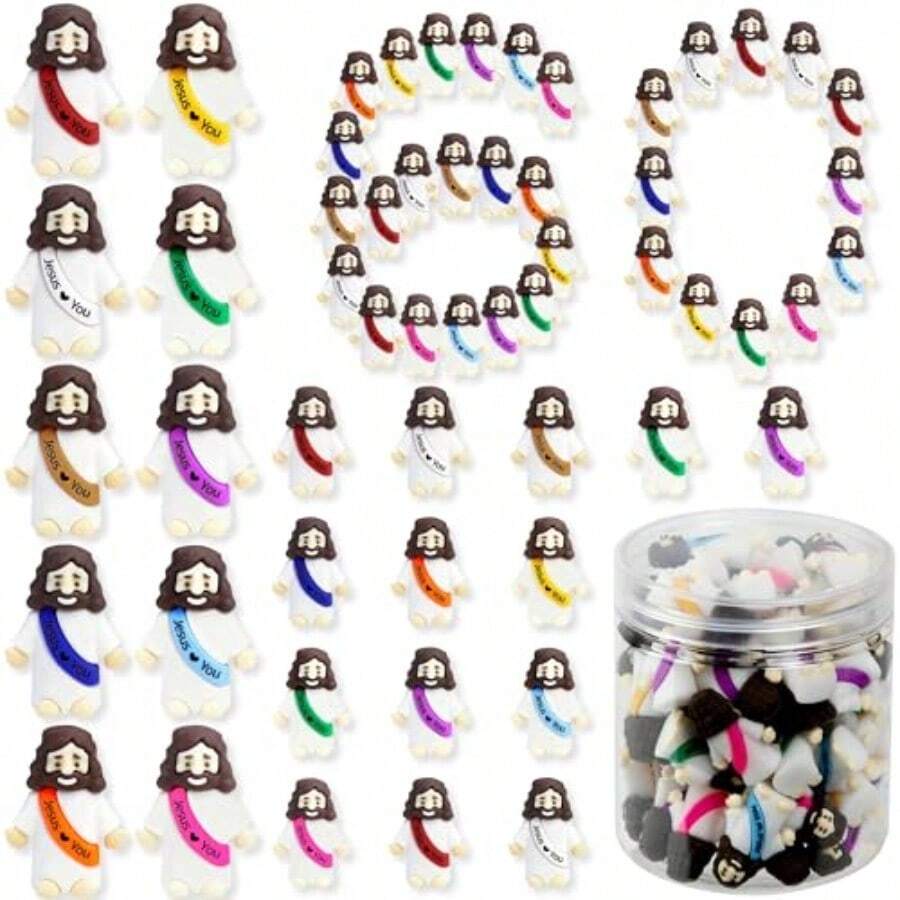 60 Pcs Little Jesus Figures Easter Mini Rubber Toys To Hide And Seek Pocket Jesus Loves You Miniatures Religious Party Favors Baptism Gifts Sunday School Easter Egg Stuffers 10 Color_60 - 10 Color60 - View 1