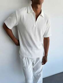 GRDR 1件简约纯色短袖拉链Polo衫，男士休闲上衣 - 白色 - 查看 5