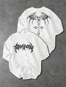 Sport MetroGents Men's Skull & Cross Print Black Round Neck Short Sleeve Sports T-Shirt Band Shirts Goth Shirt Cross Shirt Skull Shirt - 白色 - 查看 2