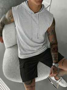 GRDR 1 pieza Chaleco con capucha sin mangas de unicolor para hombre, moda deportiva casual de verano - Gris Claro - Ver 4