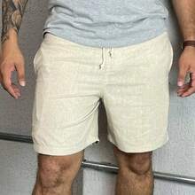 Set Of 3 Men's Linen Shorts, Casual Summer Style, Lightweight, Comfortable, Elastic Waistband With Drawstring - xanh quân đội - Xem 3