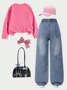 2pcs/Set Big Girls Sweet Butterfly Print Top & Custom Distressed Denim Pants With 3D Bow Tie, Long Sleeve Outfit, Spring/Summer New Arrival - Multicolor - View 2