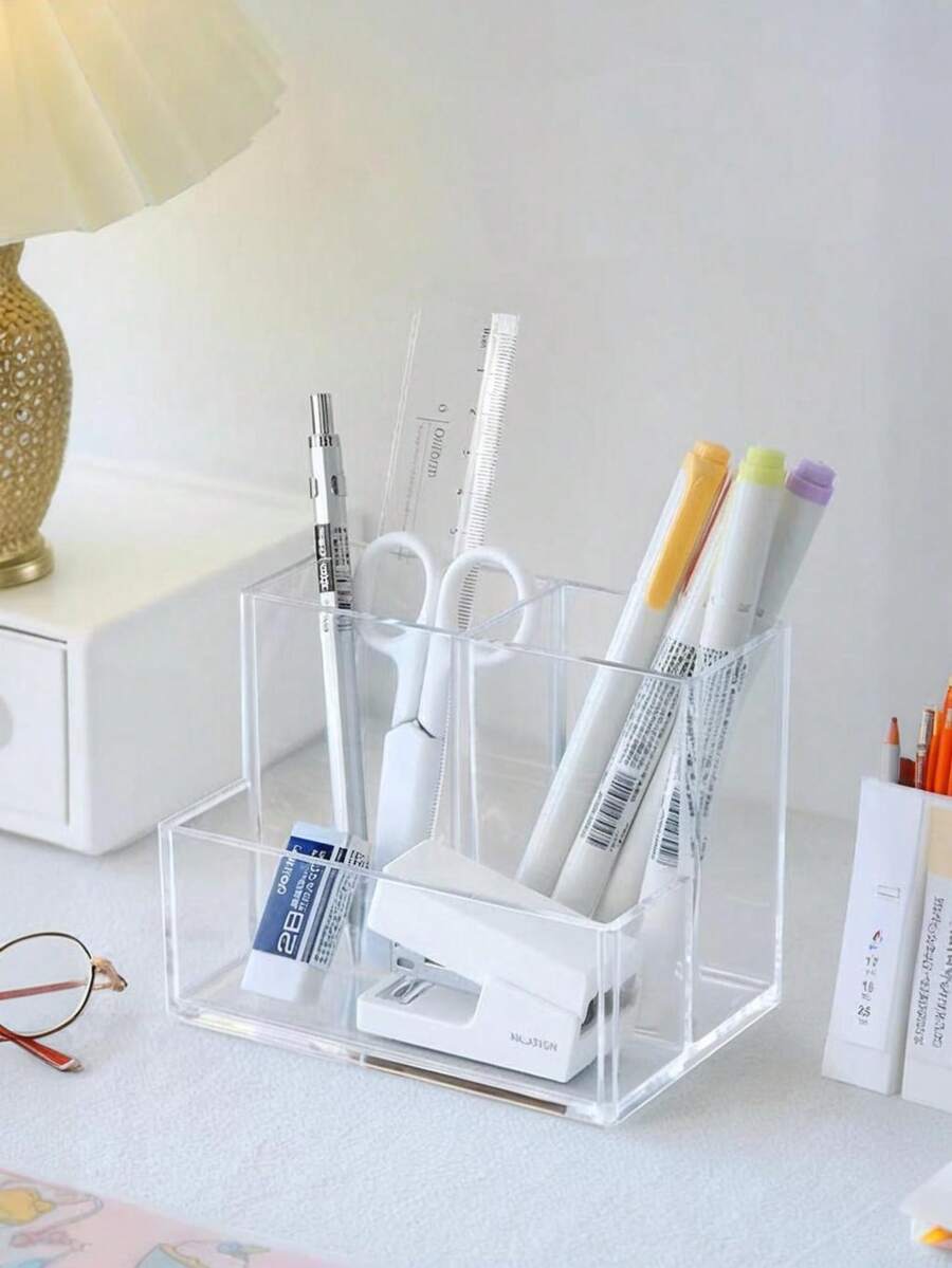1个透明亚克力三格笔筒多功能收纳盒，适用于办公室、学生书桌、化妆品、护肤品收纳——时尚紧凑的桌面收纳，节省空间，现代透明桌面配件，适合返校季、宿舍、家庭办公室、梳妆台和美容站；非常适合学习角、工艺桌、梳妆台，可收纳化妆工具、钢笔、铅笔、刷子、护肤品罐子和小配件 - 彩色 - 查看 1