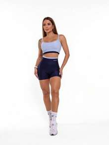 Duo Ribbed Fitness Shorts, High Waist, Compression, Comfort, Gym - 藏蓝色 - 查看 4