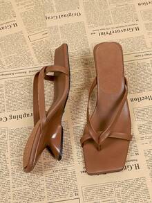 Women's Square Toe High Heel Flip Flops, Brown Casual Summer Slippers - Brown - View 5