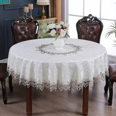 HXARTMIS One White Embroidered Jacquard Round Tablecloth, European Style Polyester Round Dust Cover, Oil-Resistant, Stain-Resistant, Wear-Resistant, And Scratch-Resistant.