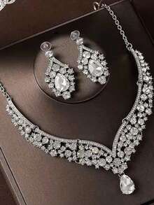 1 Set de Accesorios Nupciales Dorados - Corona de Rhinestone, Collar, Aretes (4 piezas), Joyería de Boda, Adecuado para Vestido de Novia, Gala, Fiesta - Nuevo diamante grande de plata - Ver 16