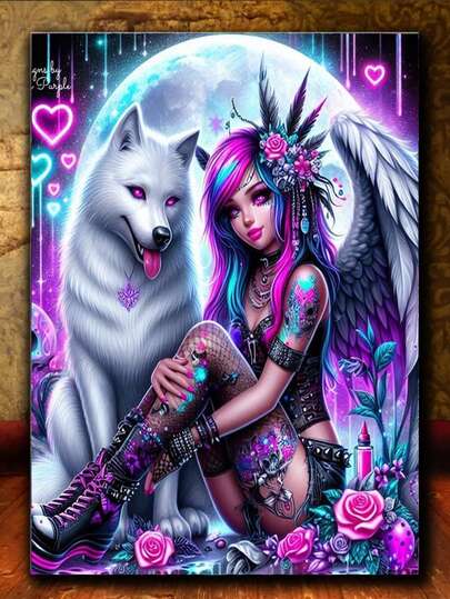 Wolf And Wings Girl 5D Diamond Painting Kits For Adults, Diamond Art Diamond Painting Full Drill Crystal Rhinestone Embroidery Craft Kits For Home Wall Decor Gifts