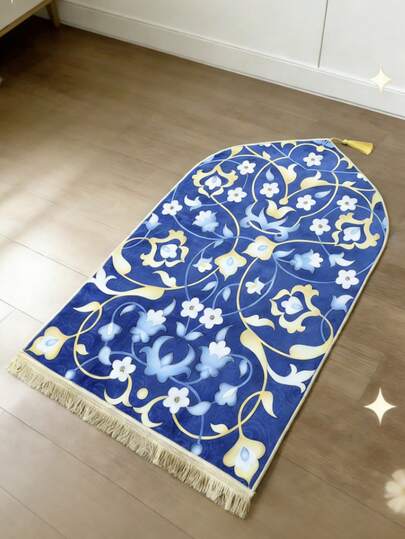 1 Stück dekorativer Teppich mit blauem Hintergrund und weißen Blumen, Blumenteppich, Teppich mit Quasten-Kanten, waschbarer Teppich