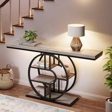 Mesa Consola Industrial de 55 Pulgadas - Mesa de Entrada de 4 Niveles con Base Redonda, Marco Metálico, Mesa para Detrás del Sofá, Ideal para Vestíbulo y Pasillo - Gris - Ver 3