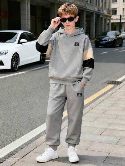 2pcs/Set Boys Thickened Long Sleeve Hoodie Sweatshirt And Loose Fit Sweatpants, Grey Green Color Block, Casual Sports Outfit For Tween Boys, Autumn/Winter