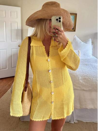 Vestido de playa de cobertura semitransparente de unicolor y cuello en V para mujer, primavera/verano