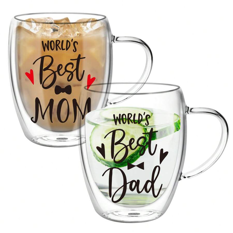 Set de 2 Tazas de Café de Vidrio Grabadas "Mom y Dad" - Doble Pared Aislante, Resistente y Apilable, Térmica y Duradera, para Café, Capuchino, Té - transparente - Ver 1
