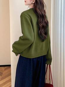 Áo cardigan len nữ kiểu Hàn Quốc tối giản, cổ tròn, thiết kế cúc phối màu tương phản, thích hợp cho mùa Thu/Đông. - Tảo xanh - Xem 3