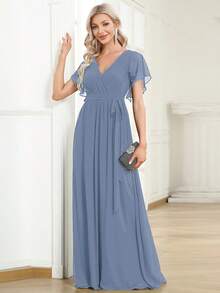 V-Neck Retro Elegant Bridesmaid Dress Gown - Dusty Blue - View 3