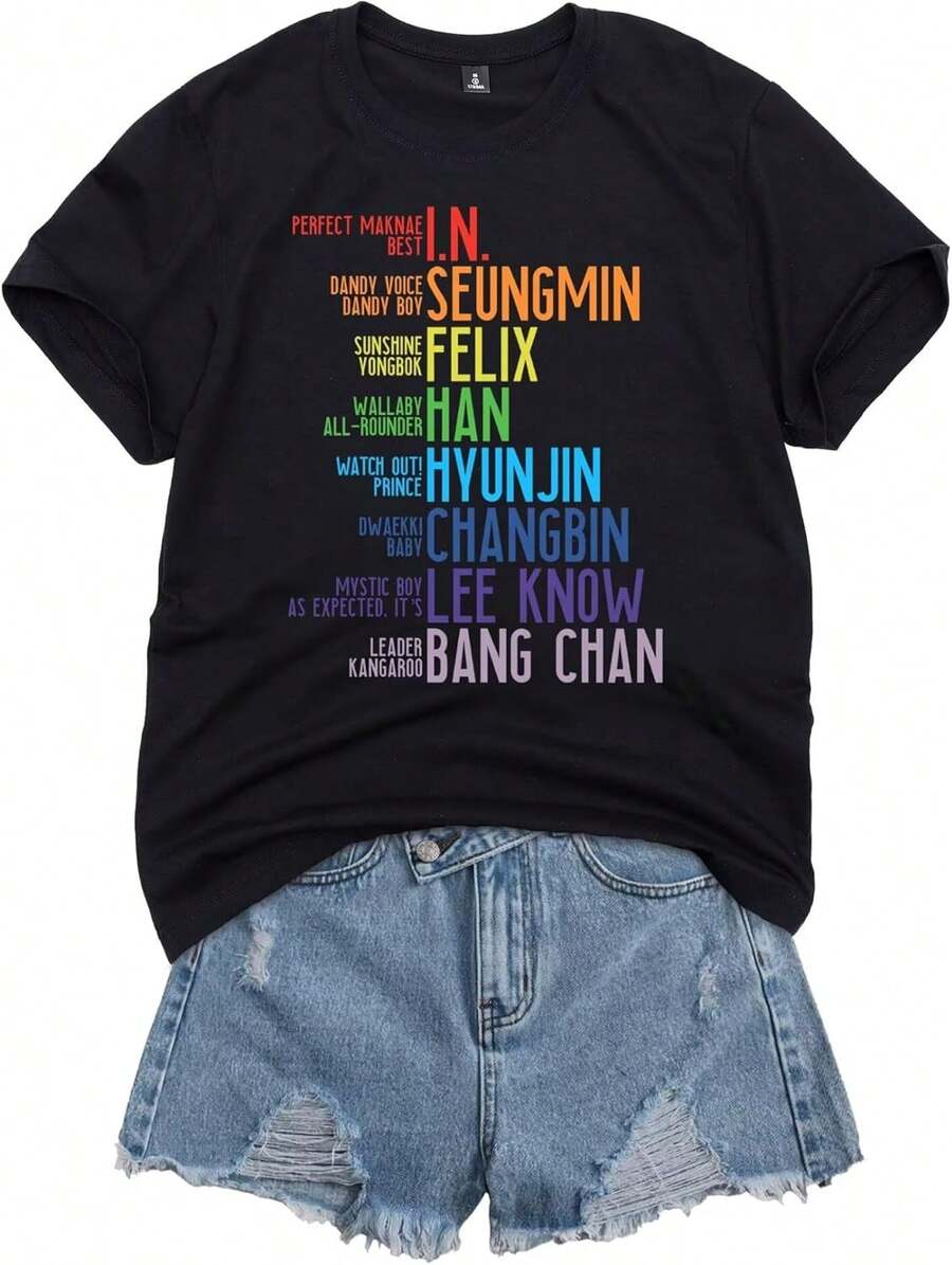 Women Felix T Shirt Bangchan  Changbin   Know I.N Top Merchandise - Black - View 1
